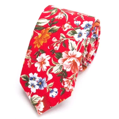 Men's tie with intricate embroidered design-Classy Men Bright Red Floral Skinny Cotton Tie