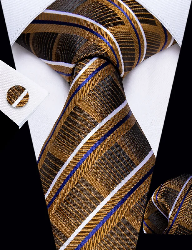 Men's tie for a formal lunch event-YourTies Brown Blue White Striped Men's Necktie Pocket Square Cufflinks Set