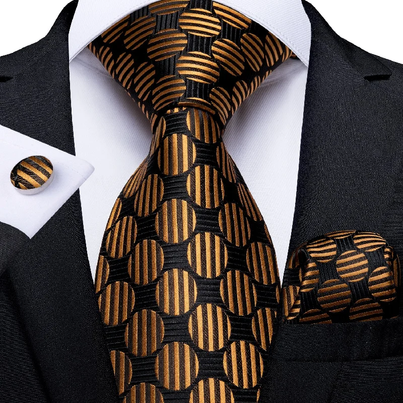 Men's tie with solid color blocks-Brown Golden Dots Necktie Pocket Square Cufflinks Set