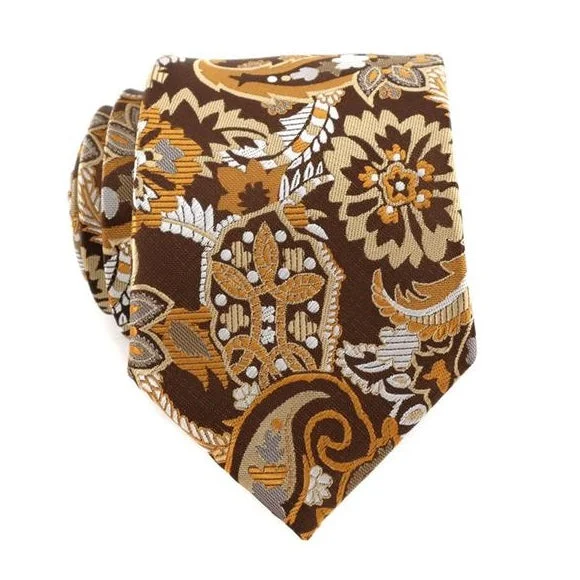 Men's tie for stylish business meetings-Classy Men Brown Orange Floral Silk Tie