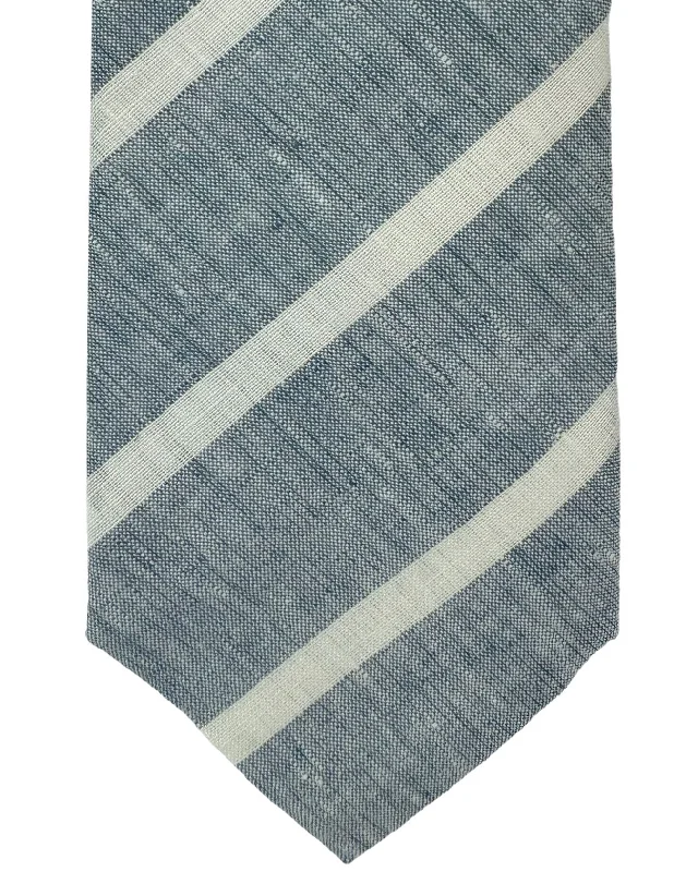 Men's silk tie with floral motif-Brunello Cucinelli Linen Necktie Dark Blue Stripes SALE