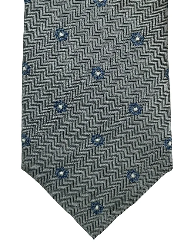 Men's checkered tie for business-Brunello Cucinelli Silk Necktie Gray Dark Blue Mini Flowers