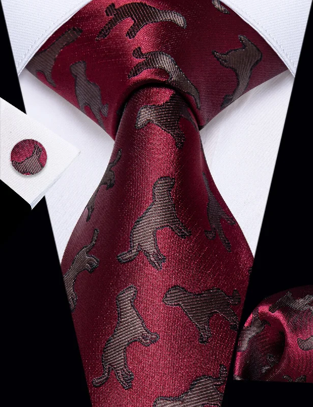 Best men's tie for family celebrations-YourTies Burgundy Brown Jacquard Necktie Pocket Square Cufflinks Set