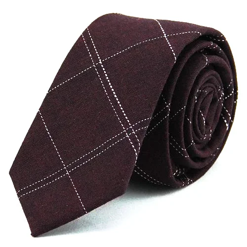 Classic men's tie for upscale dinner parties-Classy Men Burgundy Checkered Cotton Skinny Tie