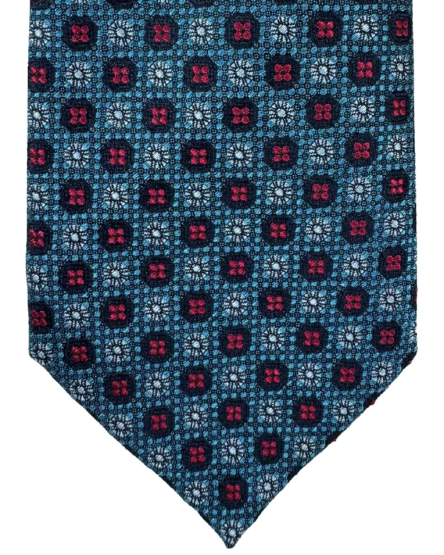 Men's tie for classic professional look-Canali Silk Tie Dark Blue Aqua Red Mini Floral