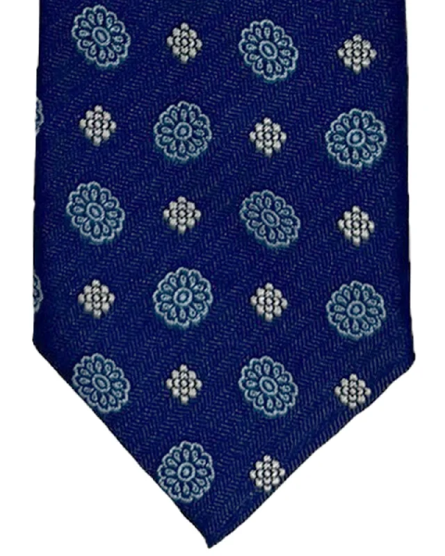 Men's tie with floral patterns-Canali Silk Tie Navy Blue White Floral