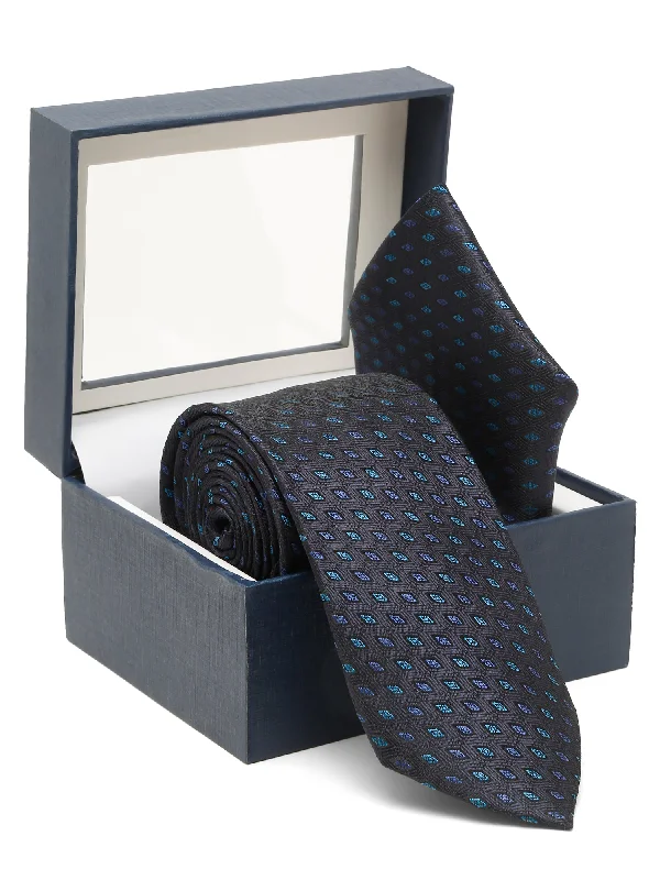 Men's tie with vibrant floral print-Men's Navy Blue Fashion Geometric Pattern Tie Set