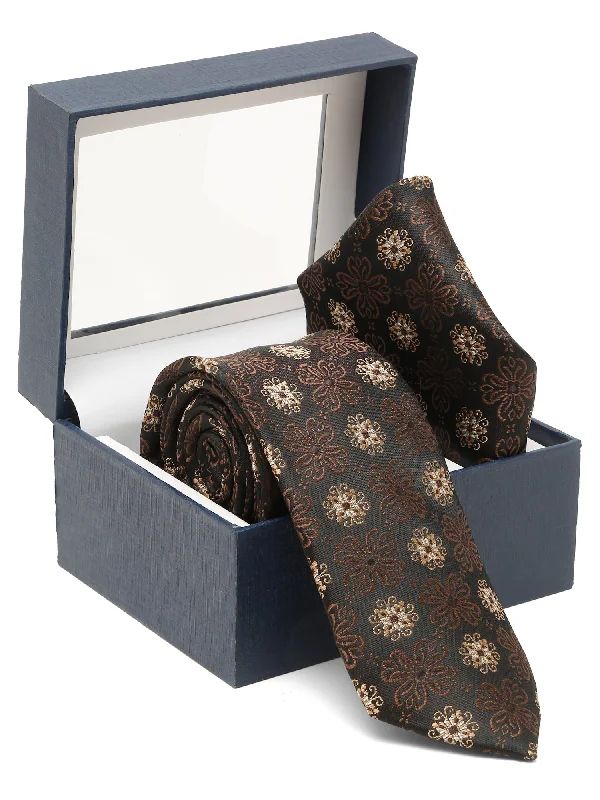 Men's tie with floral embroidery for weddings-Men's Brown Fashion Floral Pattern Tie Set