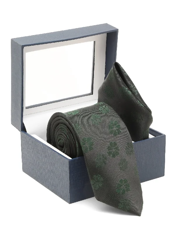 Men's tie with soft wool fabric-Men's Green Fashion Floral Pattern Tie Set