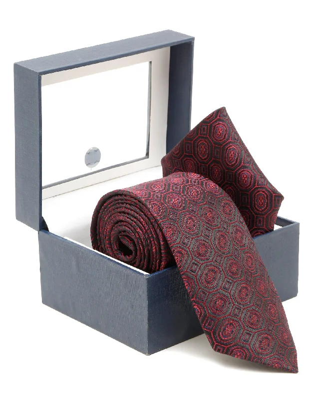 Best tie for men's holiday parties-Men's Maroon Fashion Medallion Pattern Tie Set