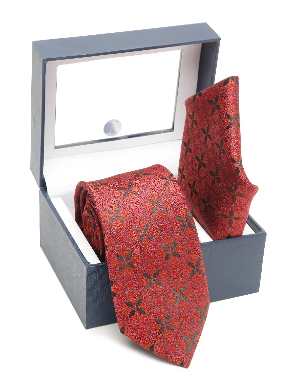 Classic men's tie with solid color block-Men's Red Fashion Floral Pattern Tie Set