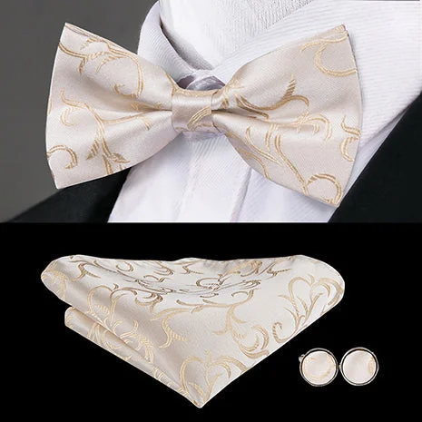 Men's tie with modern diagonal stripes-Champagne Beige White Floral Pre-tied Bow Tie Pocket Square Cufflinks Set