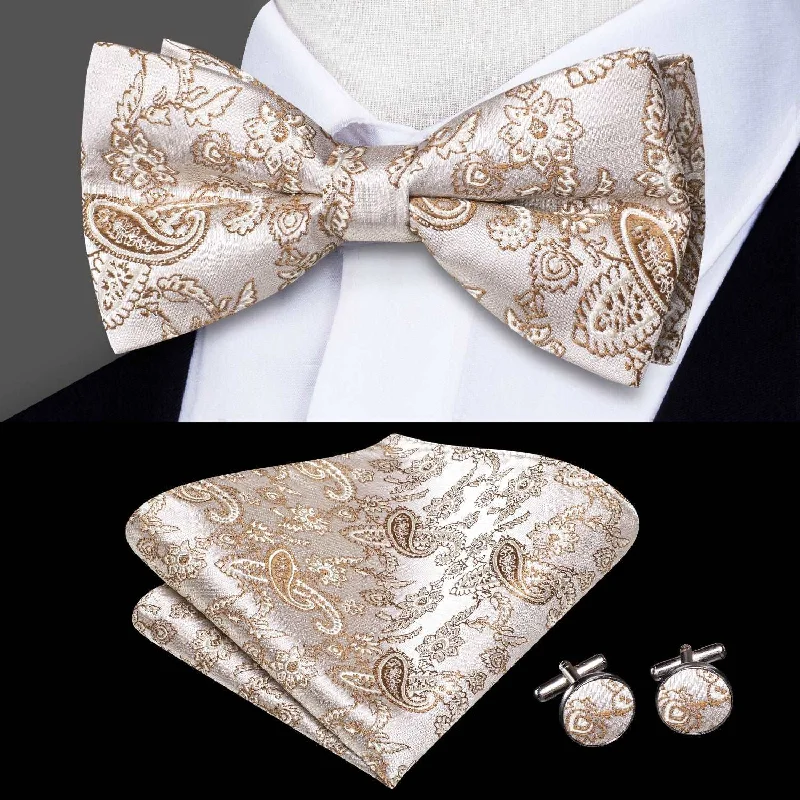 Elegant men's tie with polka dot design-Champagne Brown Paisley Pre-tied Bow Tie Pocket Square Cufflinks Set