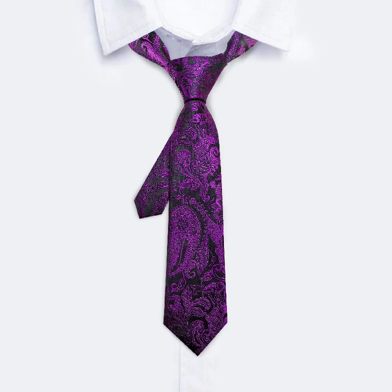 Unique men's tie with minimalistic style-Barry Wang Kids Tie Purple Black Paisley Tie Pocket Square Set