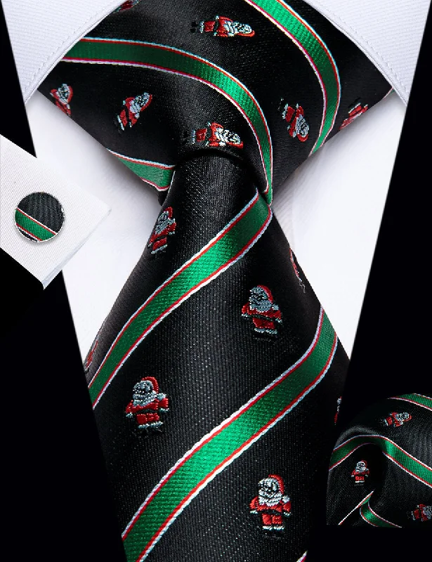 Men's tie with diagonal stripes-YourTies Christmas Black Green Snowmen Men Necktie Hanky Cufflinks Set