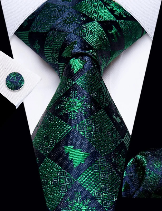 Best men's tie for dinner parties-YourTies Christmas Green Blue Snow Novelty Men's Necktie Pocket Square Cufflinks Set