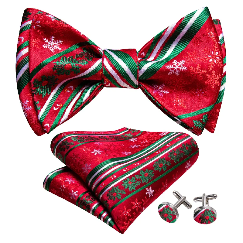 Men's silk tie for fashion-forward looks-Christmas Red Snowflake Self Tied Bow Tie Hanky Cufflinks Set