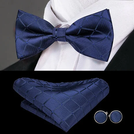 Men's tie with subtle paisley print-Classic Blue Plaid Pre-tied Bow Tie Pocket Square Cufflinks Set