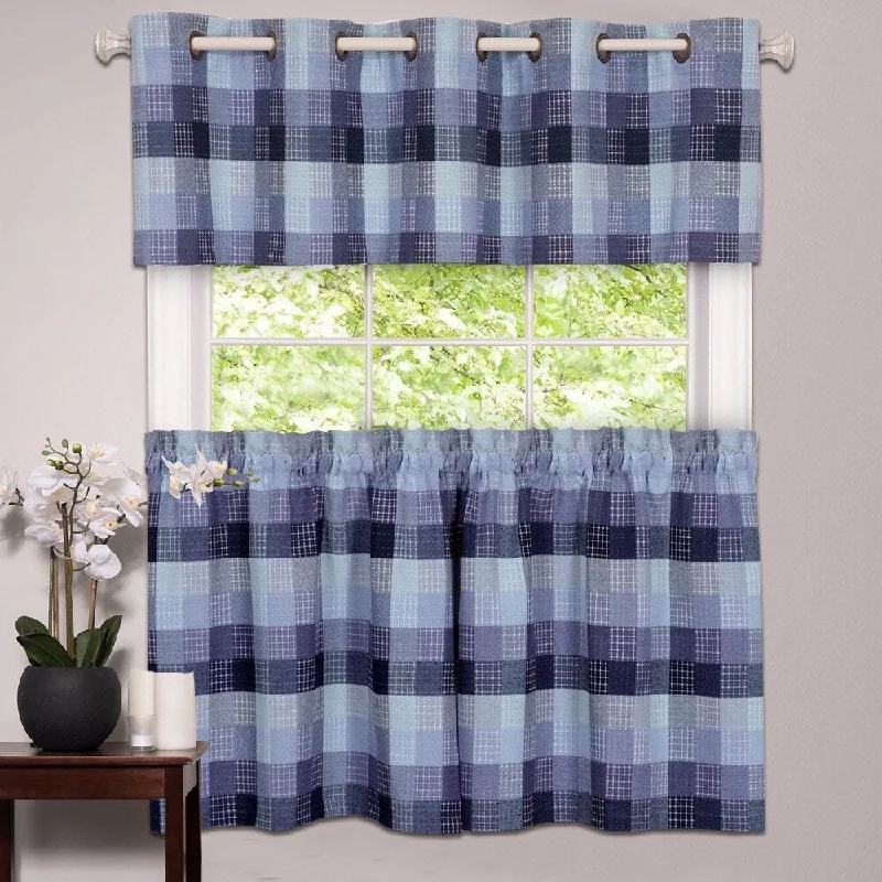 Men's tie with modern diagonal stripes-Classic Checkered Blue Decorative Window Curtain Separates with Tier Pair and Valance Options