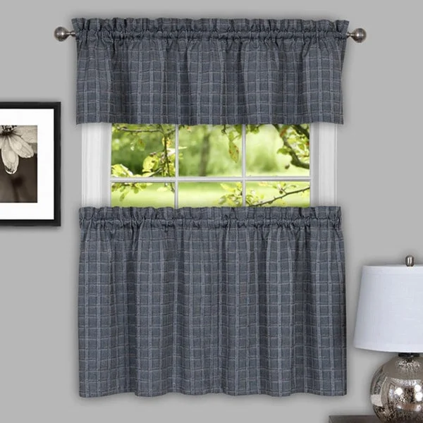 Men's navy blue tie-Classic Grey Cotton Blend Plaid Decorative Window Curtain Separates, Tier Pair and Valance Options