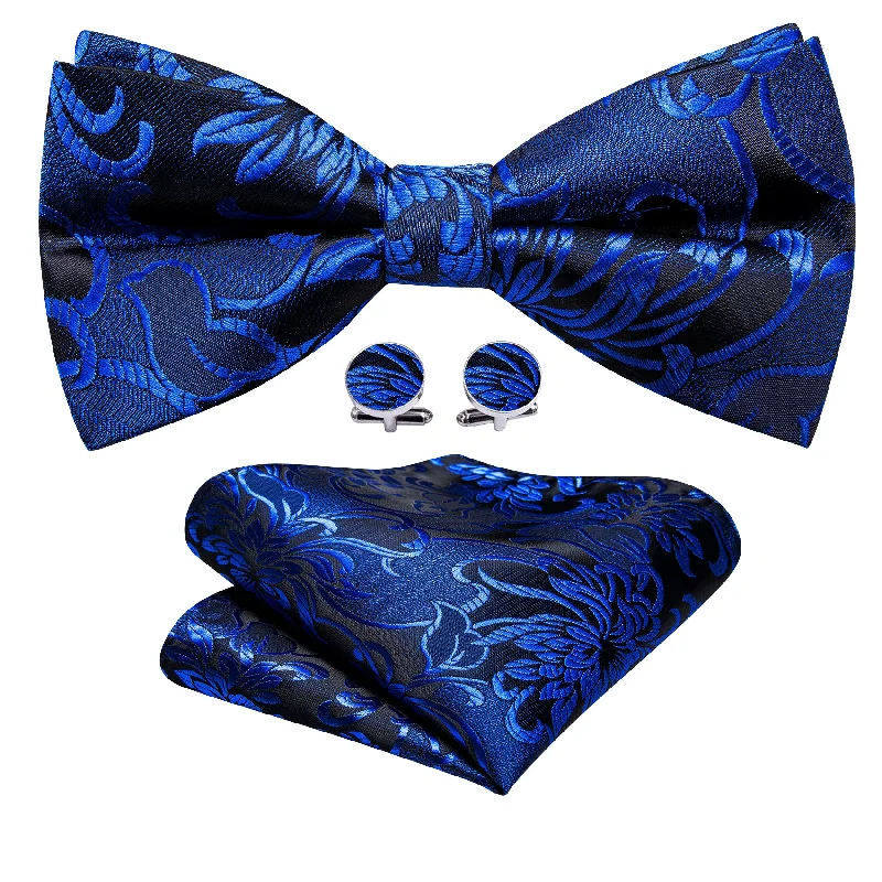 Men's tie with classic solid design-Cobalt Blue Paisley Pre-tied Bow Tie Hanky Cufflinks Set