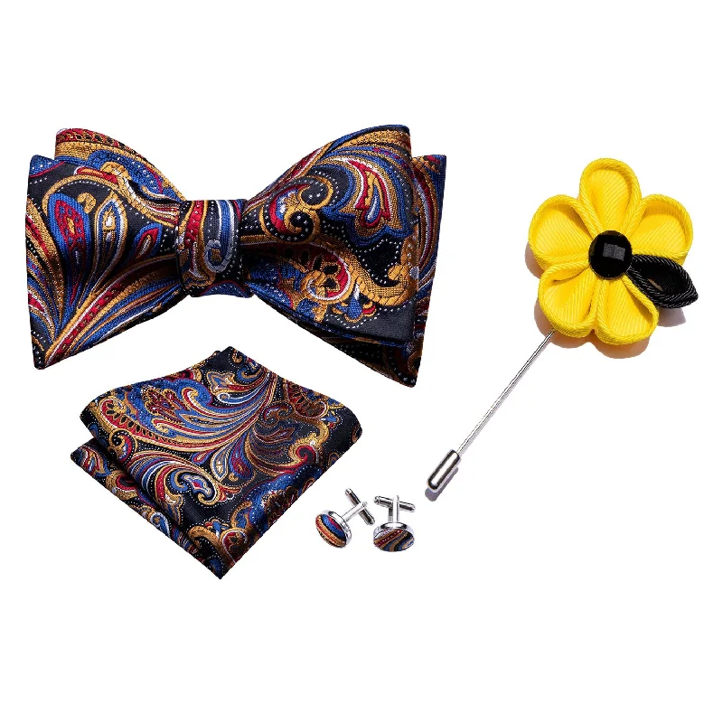 Elegant men's tie with colorful patterns-Colorful Paisley Self Tie Bow Tie Hanky Cufflinks Set