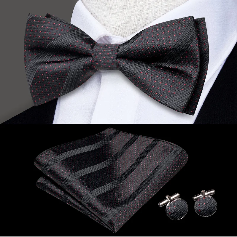 Best tie for a formal family event-Black Red Dot Silk Bowtie Pocket Square Cufflinks Set-LH-2527