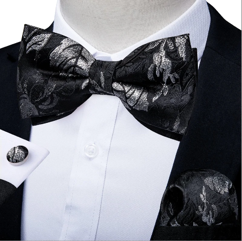 Stylish men's tie with geometric pattern-Black White Flower Silk Bowtie Pocket Square Cufflinks Set- LH-0156