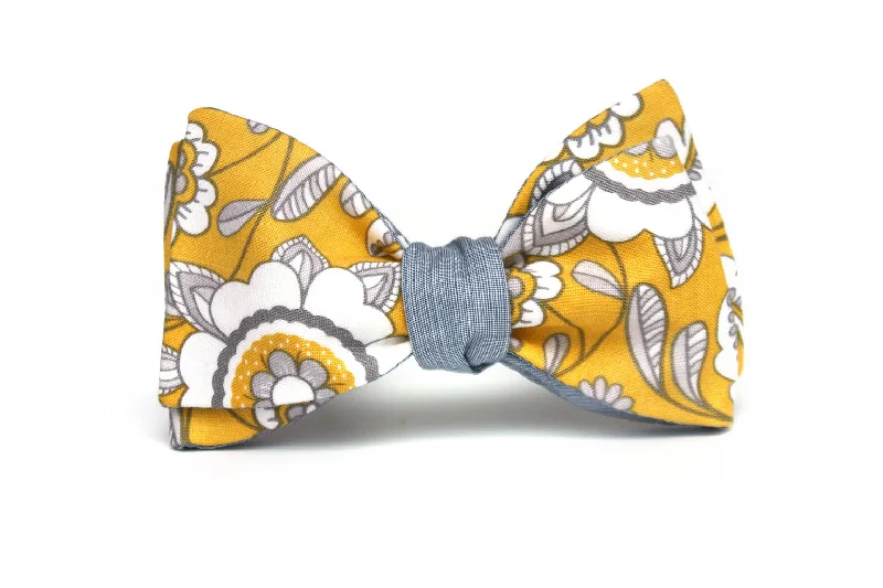 Men's silk tie for black tie occasions-Yellow Paisley Grey Reversible Cotton Self-Tie Bow Tie