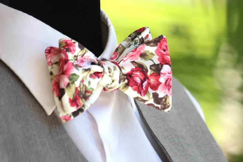 Unique silk tie with multi-color patterns-Pink Floral Self-Tie Bow Tie