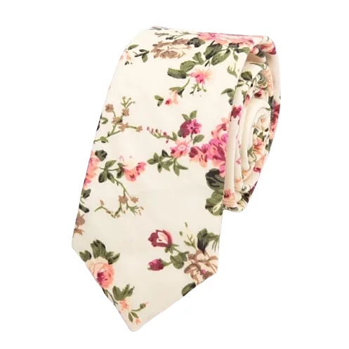 Men's tie with subtle geometric pattern-Classy Men Cream Pink Floral Skinny Cotton Tie