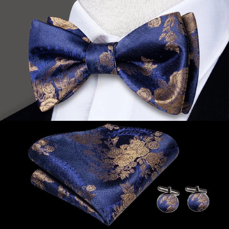 Stylish silk tie for office professionals-Dark Blue Champagne Floral Pre-tied Bow Tie Pocket Square Cufflinks Set