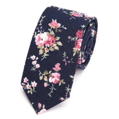 Stylish men's tie with modern touch-Classy Men Dark Blue Floral Skinny Cotton Tie