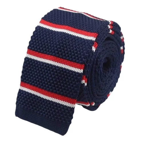 Men's tie with trendy colors for office wear-Classy Men Dark Blue Red Striped Square Knit Tie