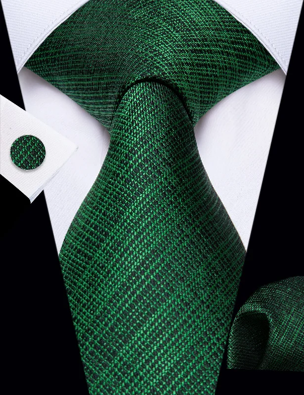 Stylish men's tie with geometric pattern-YourTies Dark Green Black Striped Men's Necktie Pocket Square Cufflinks Set