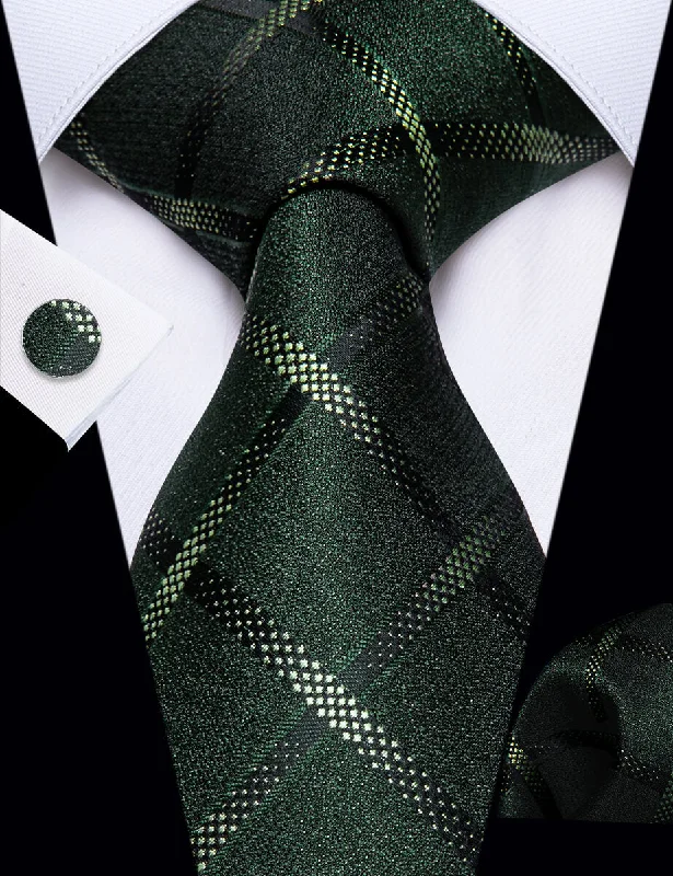 Men's silk tie with abstract design-YourTies Dark Green Tie Plaid Men's Necktie Pocket Square Cufflinks Set