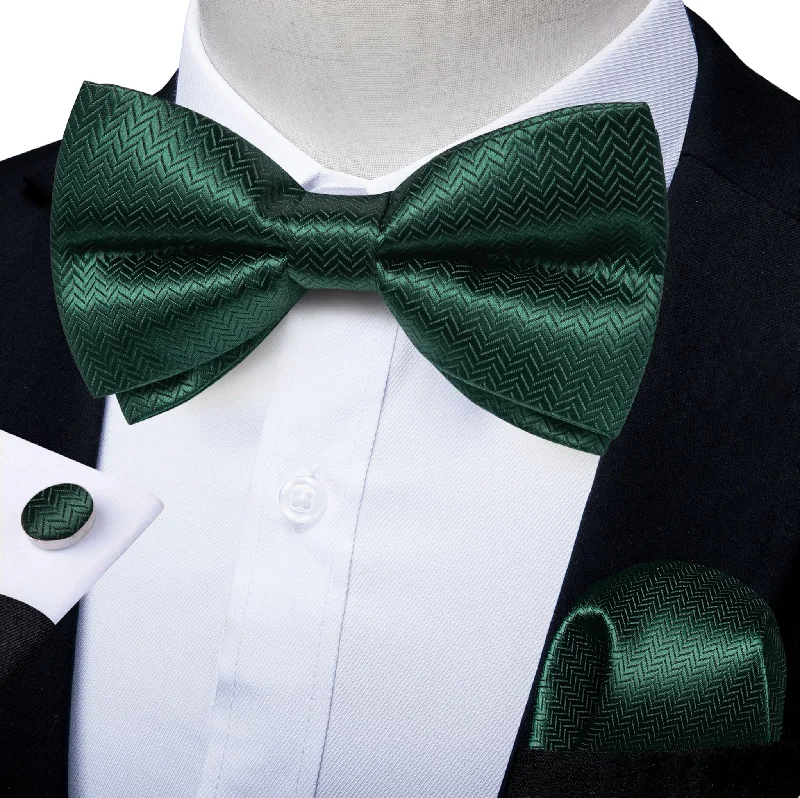 Luxury silk tie for special occasions-Dark Green Solid Pre-tied Bow Tie Hanky Cufflinks Set- LH-0160