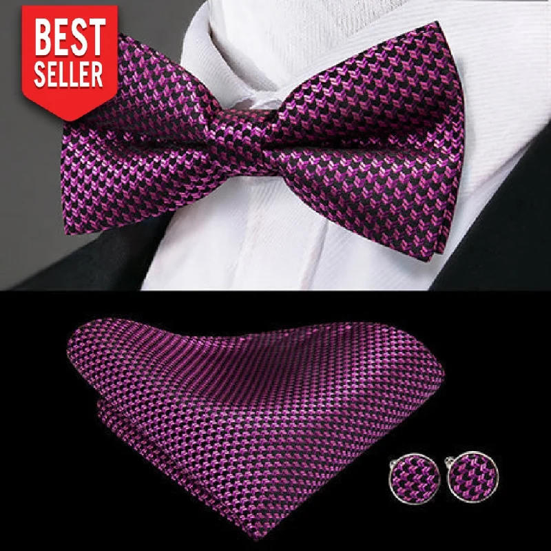 Men's tie for a luxury dinner event-Dark Purple Arrow Novelty Pre-tied Bow Tie Pocket Square Cufflinks Set