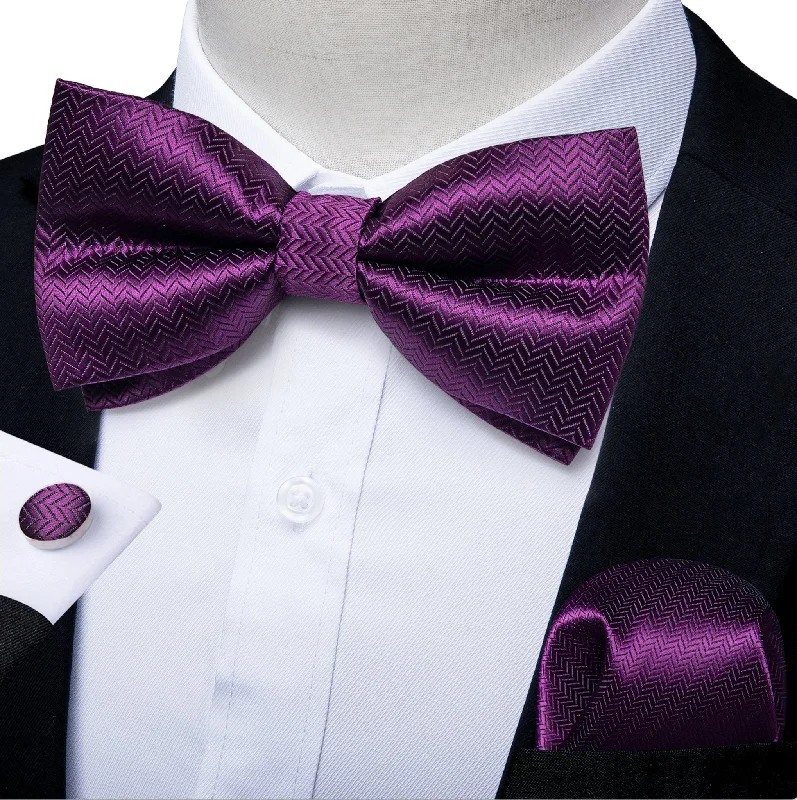 Men's tie with subtle checkered design-Dark Purple Striped Silk Self-tied Bow Tie Pocket Square Cufflinks Set-LH-0158