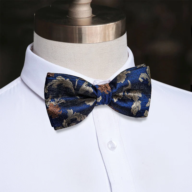 Best tie for holiday and corporate events-YourTies Deep Blue Tie Jacquard Tan Floral Grey Men's Pre-tied Bowtie