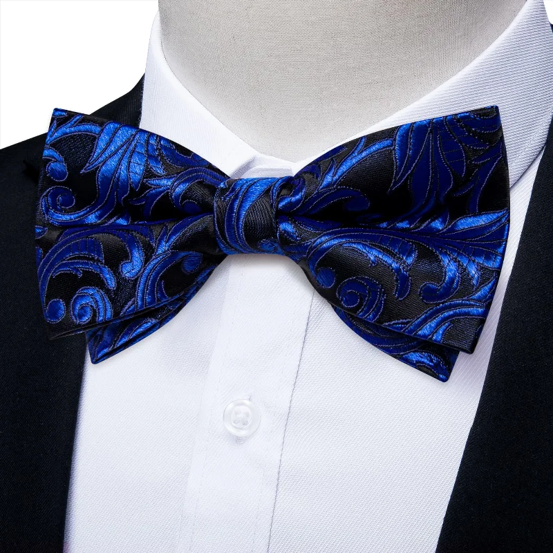 Best tie for men's holiday parties-DiBanGu Blue Bow Tie Navy Floral Silk Mens Pre-Tied Bowtie Pocket Square Cufflinks Set