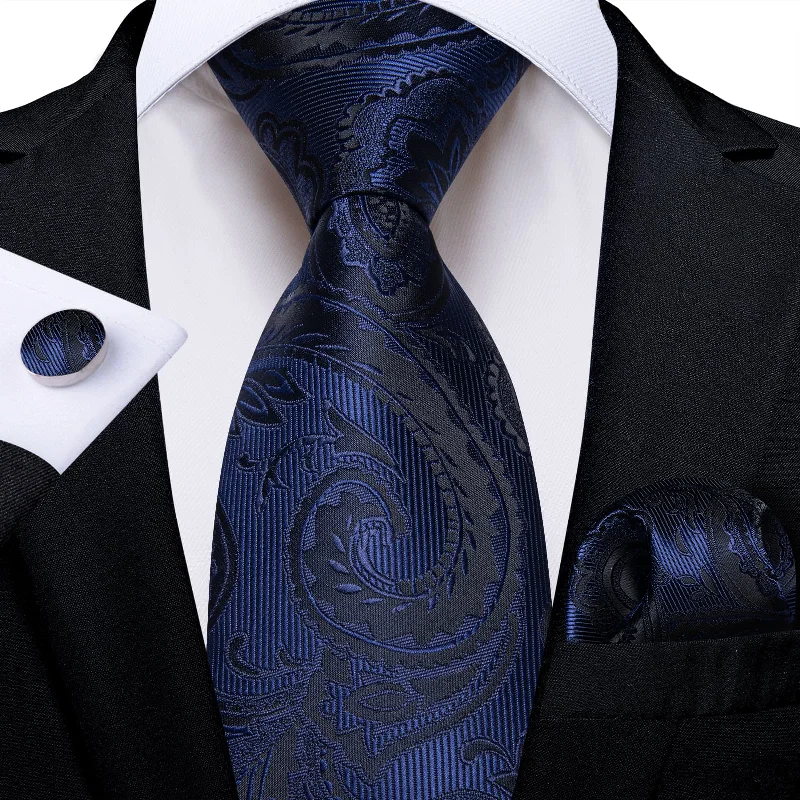 Men's tie for a luxury dinner event-DiBanGu Dress Tie Berry Blue Floral Men's Silk Tie Handkerchief Cufflinks Set