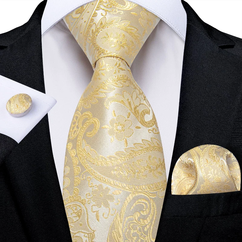 Men's tie with modern square design-DiBanGu Dress Tie Blonde Yellow Paisley Men's Silk Tie Hanky Cufflinks Set