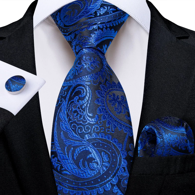 Men's tie with fresh, modern design-DiBanGu Dress Tie Blue Paisley Men's Silk Tie Handkerchief Cufflinks Set