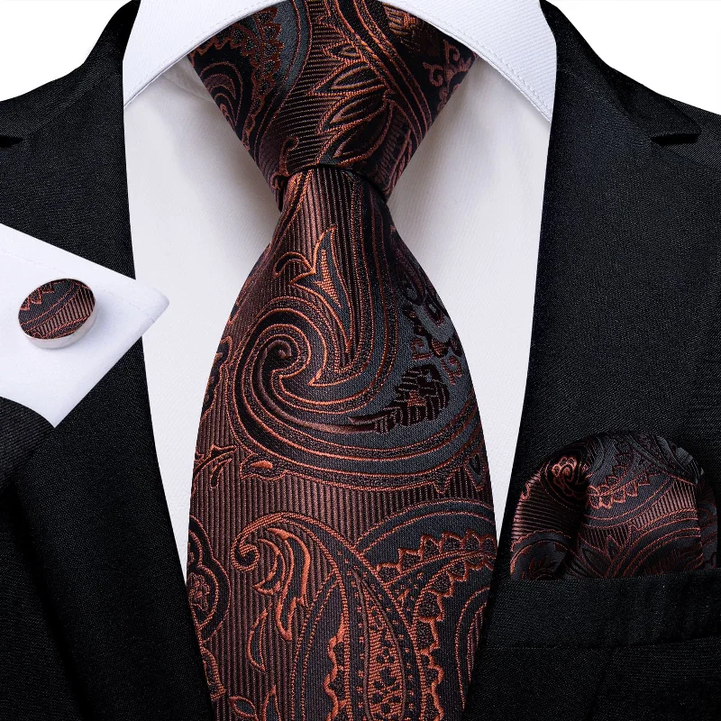 Stylish silk tie for office professionals-DiBanGu Dress Tie Brown Paisley Men's Silk Tie Handkerchief Cufflinks Set