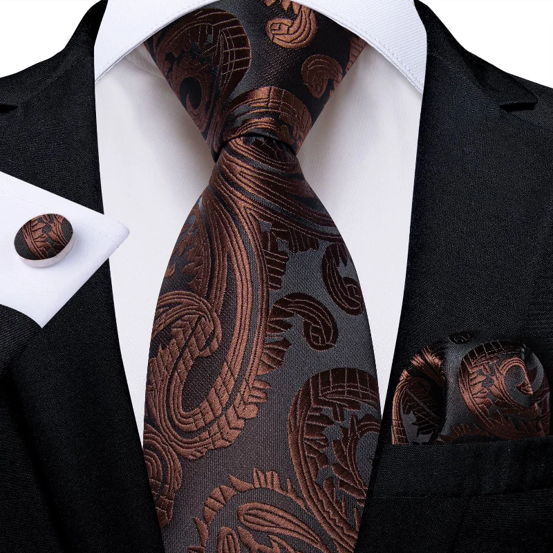 Men's tie for elegant corporate events-DiBanGu Dress Tie Brown Paisley Men's Silk Tie Handkerchief Cufflinks Set