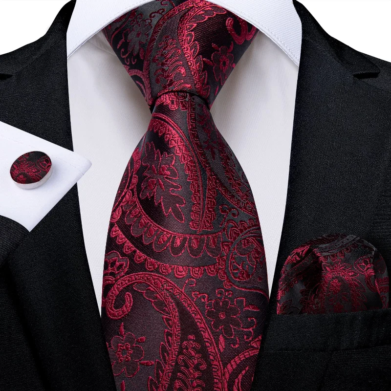 Luxury men's necktie for weddings-DiBanGu Dress Tie Burgundy Paisley Men's Silk Tie Handkerchief Cufflinks Set