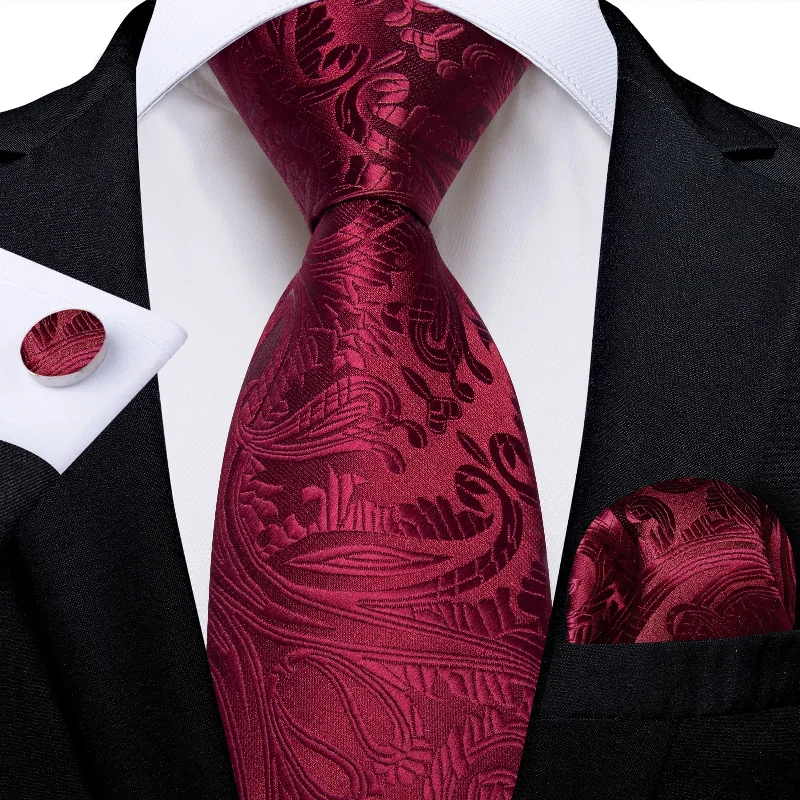 Professional business tie for men-DiBanGu Dress Tie Burgundy Paisley Silk Men's Tie Pocket Square Cufflinks Set