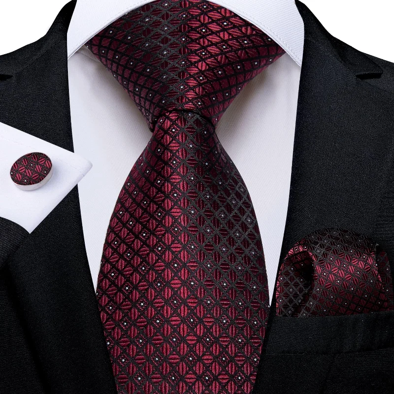 Best men's necktie for job interviews-DiBanGu Dress Tie Burgundy Plaid Men's Silk Tie Pocket Square Cufflinks Set