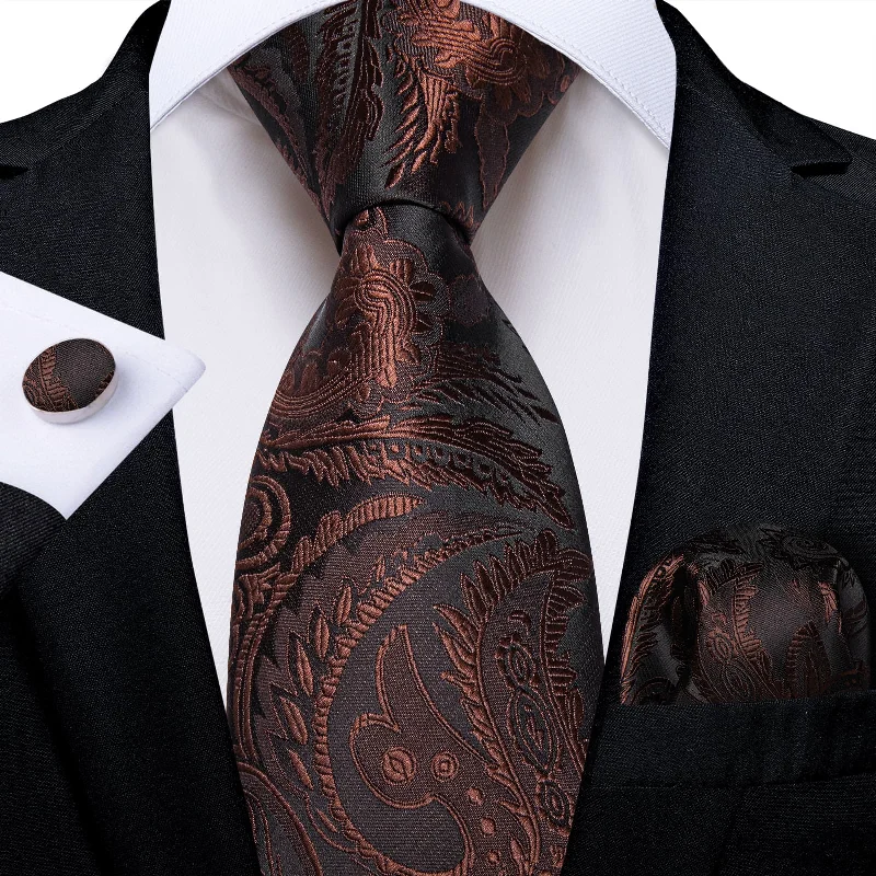 Best men's tie for a black tie dinner-DiBanGu Dress Tie Chocolate Brown Paisley Men's Silk Tie Hanky Cufflinks Set